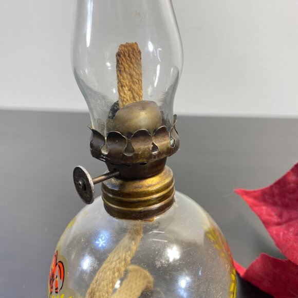 Miniature Oil Lamp Glass Hand Painted red White Flowers, Clear Top, Mini Lamp. - Picture 2 of 10